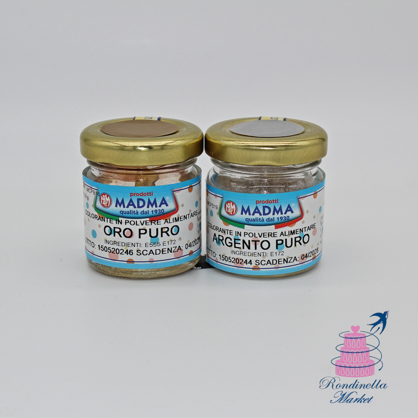 Coloranti in polvere metallizzati oro e argento Madma da 8 g, per decorazioni dolci e torte, disponibili su Rondinella Market a Napoli