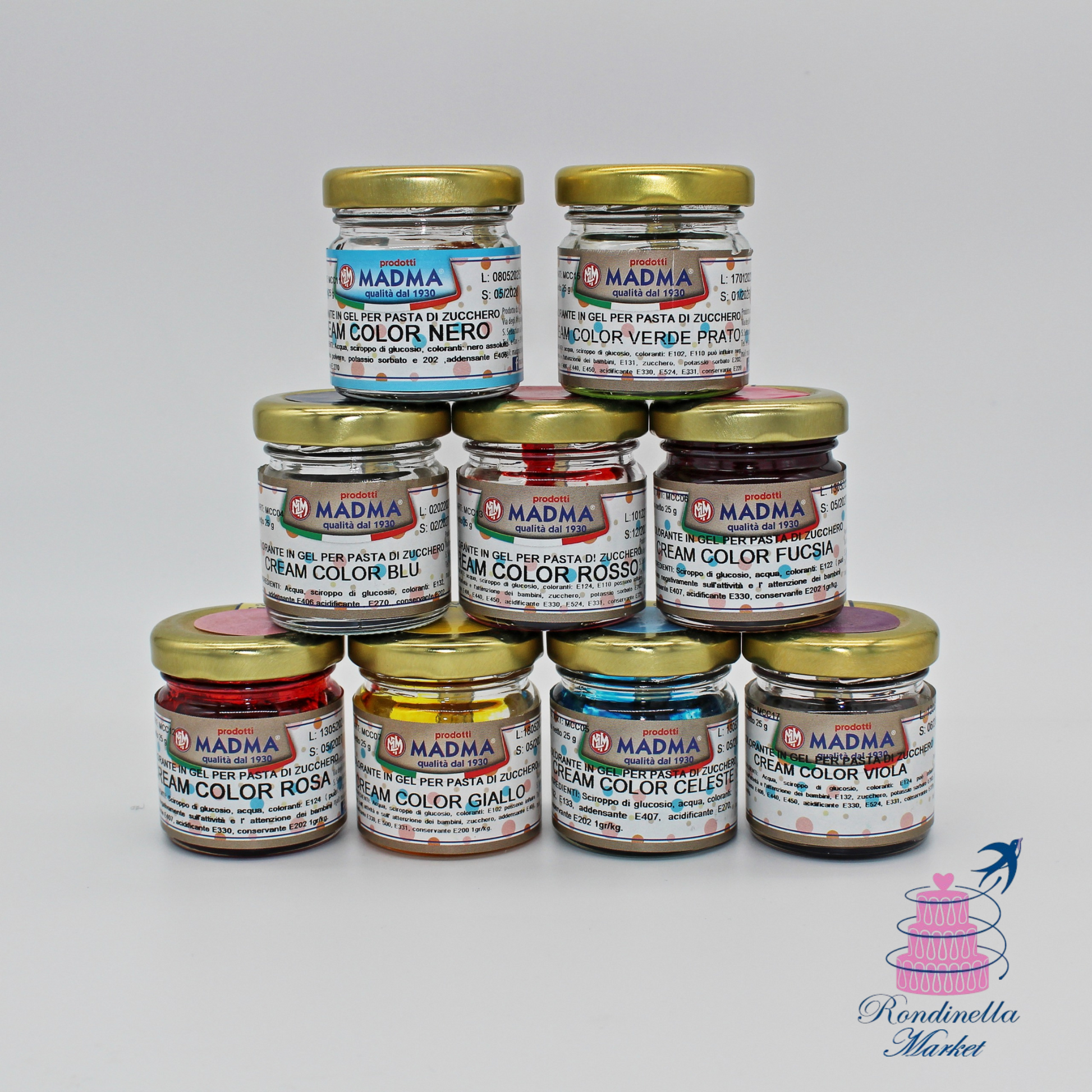 Colori alimentari in gel Madma da 25 g per pasta di zucchero e dolci, assortimento 9 tonalità disponibili – Vendita Rondinella Market Napoli