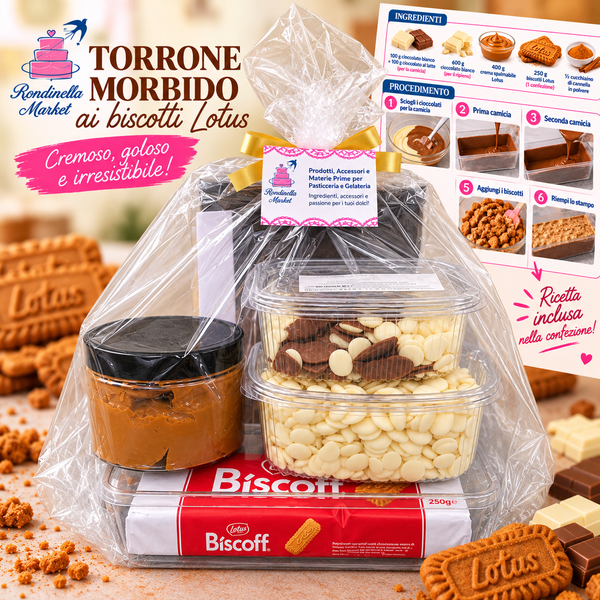 Kit per preparare torrone morbido ai biscotti Lotus con ingredienti stampo e ricetta inclusa