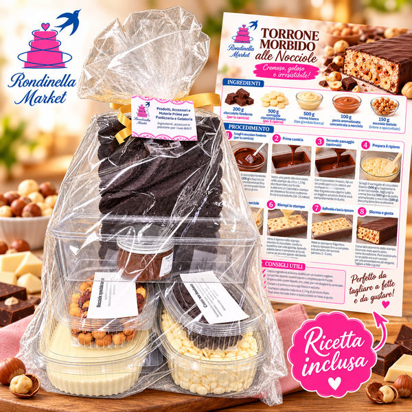 Kit torrone morbido alle nocciole con ingredienti stampo piatto oro e ricetta illustrata