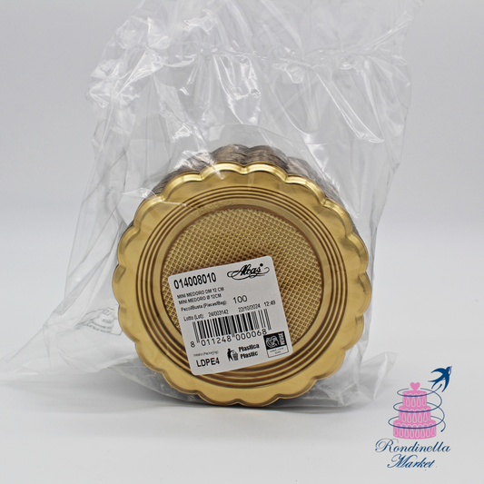 Piattini monoporzione Alcas oro da 12 cm in confezione da 100 pezzi in vendita su Rondinella Market a Napoli