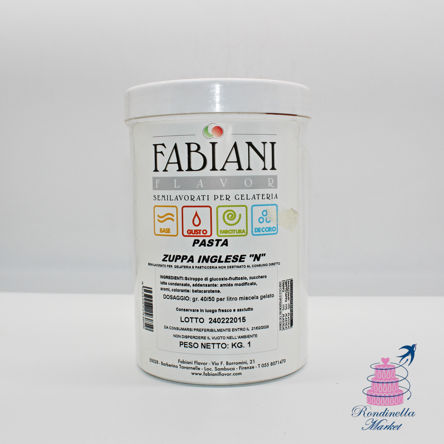 Barattolo da 1 kg di pasta semilavorata al gusto zuppa inglese Fabiani Flavor per gelateria e pasticceria, Rondinella Market Napoli