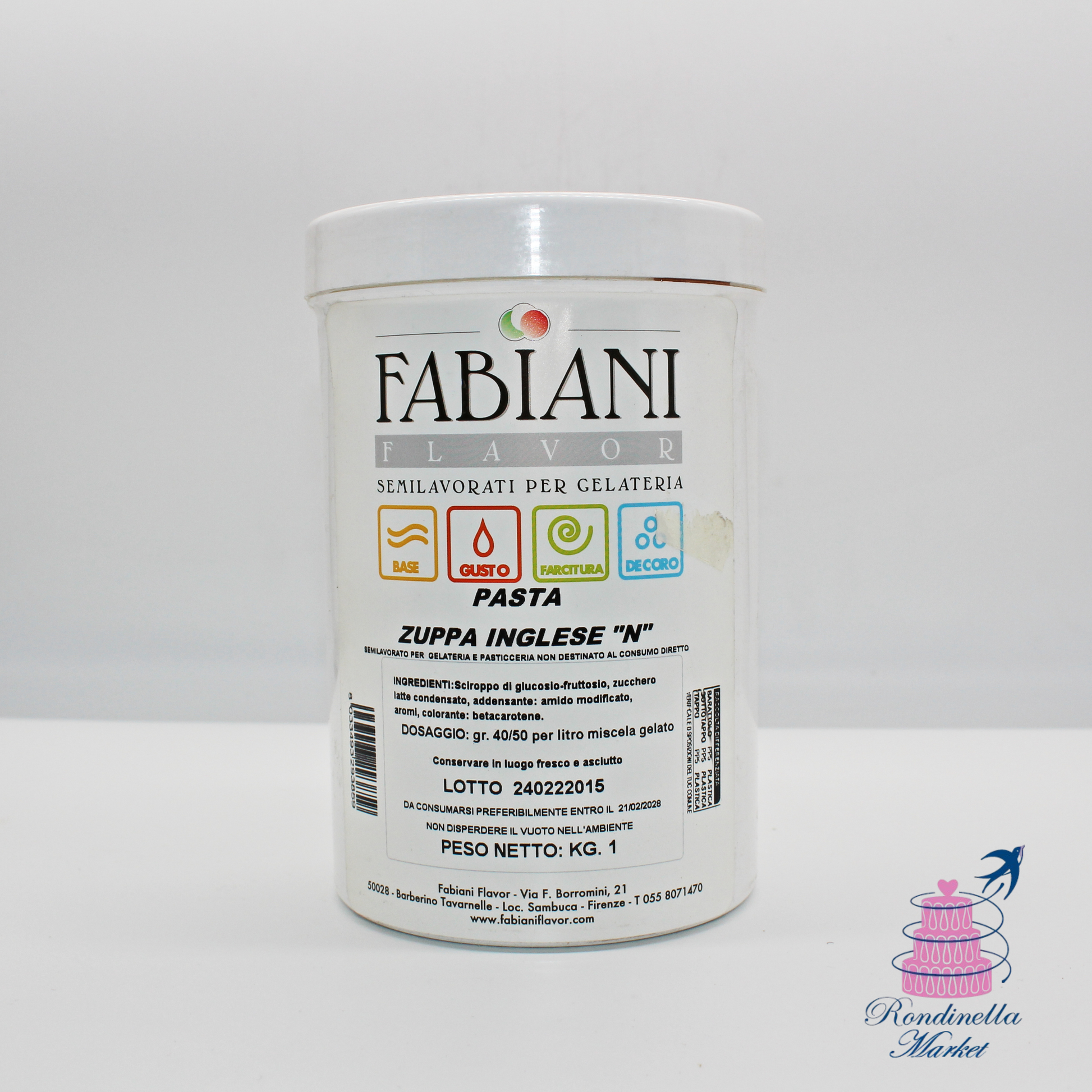 Barattolo da 1 kg di pasta semilavorata al gusto zuppa inglese Fabiani Flavor per gelateria e pasticceria, Rondinella Market Napoli