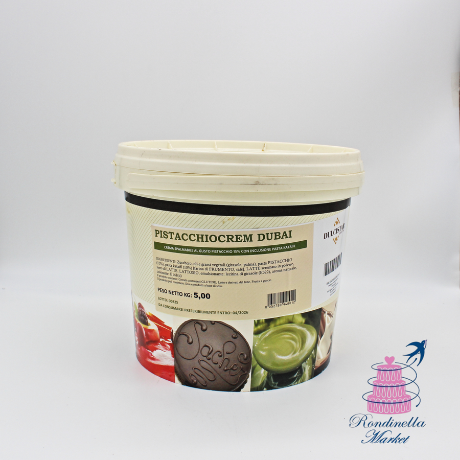 Pistacchiocrem Dubai Dulcistar 5 kg, crema spalmabile al pistacchio con pasta Katari per pasticceria e gelateria, disponibile da Rondinella Market Napoli
