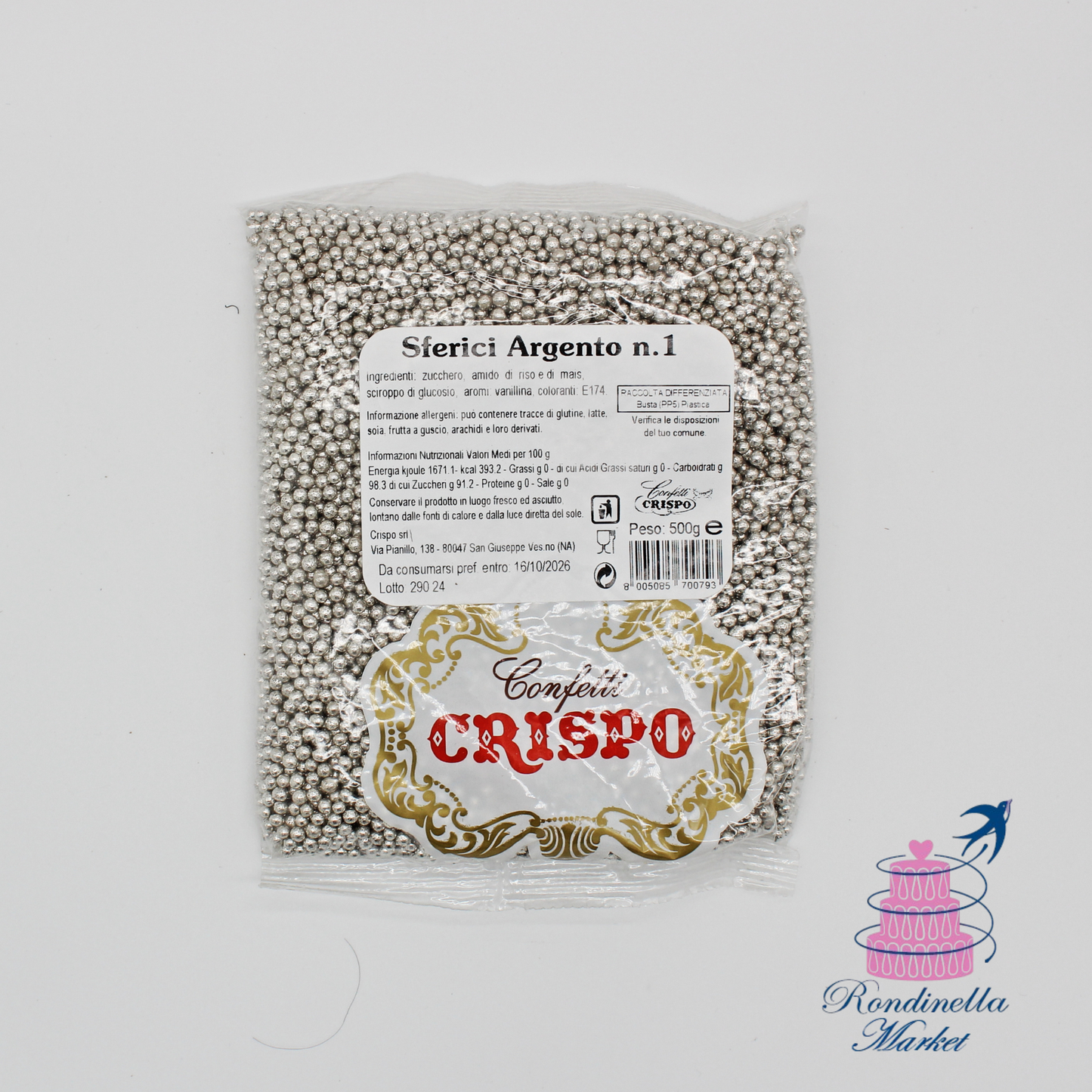 Sacchetto da 500 g di sferici argento n.1 Crispo per decorazioni dolci, Rondinella Market Napoli
