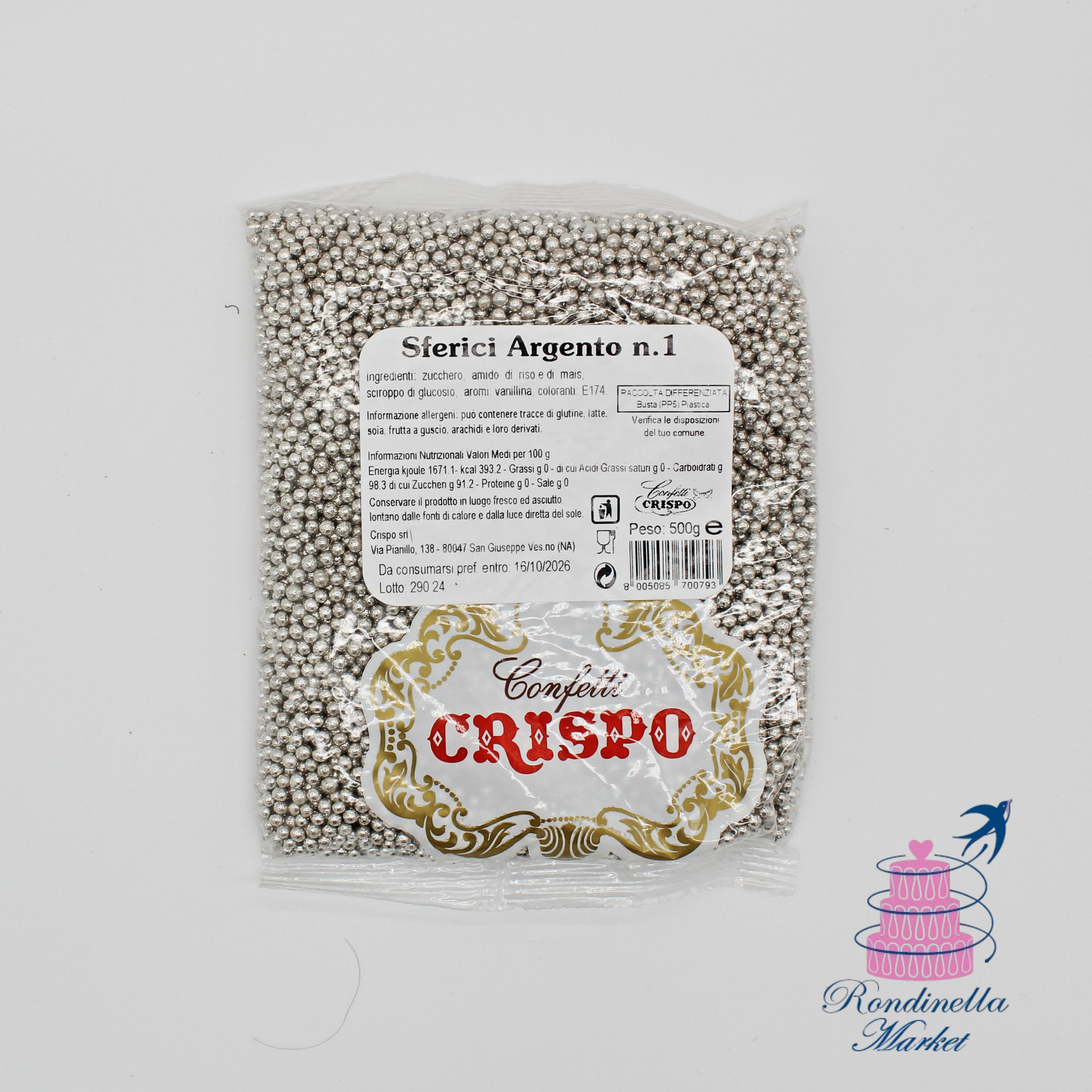 Sacchetto da 500 g di sferici argento n.1 Crispo per decorazioni dolci, Rondinella Market Napoli